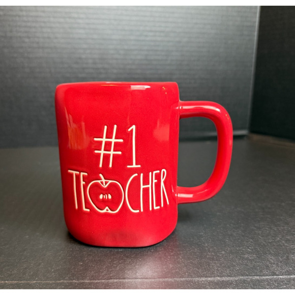 Rae Dunn #1 TEACHER Red Mug With Apple Detail - Picture 2 of 10